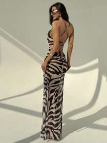 Aloruh Nuevo vestido largo con abertura alta, escote cruzado y semi transparente de estampado de leopardo para vacaciones en la playa, vestido de cobertura para bikinis y trajes de baño de vacaciones en la playa