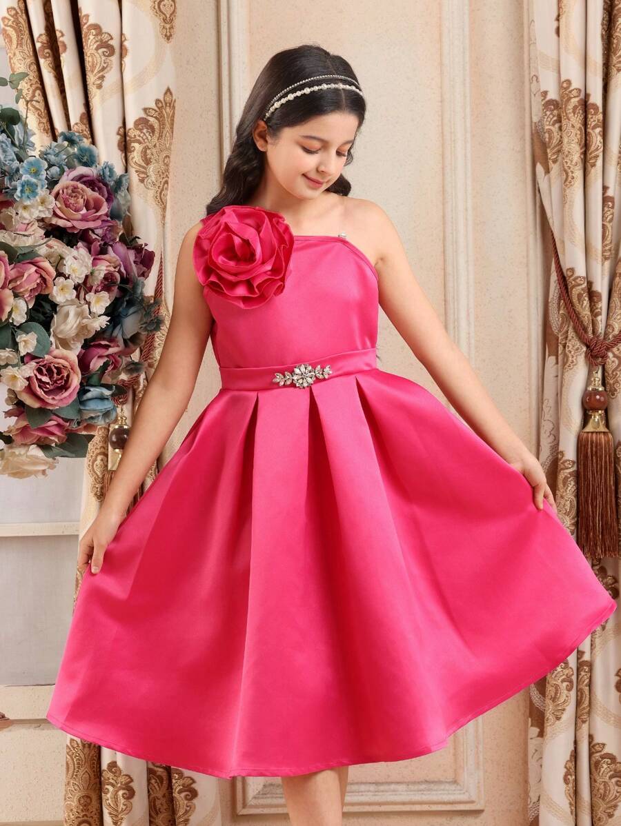 SHEIN Tween Girls Minimalist Floral Decor Simple Fashion Cami Dress, Suitable For Summer