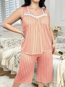SHEIN Striped Print Patchwork Lace Casual Pajamas Set - Pink - View 3