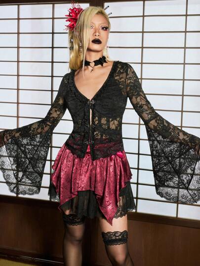 J-Fashion Women's Sheer Lace Bell Sleeve Metal Button Embellished T-Shirt