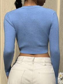 SHEIN EZwear Blue Cut Short Women's Zip Front Cardigan - Blue - View 2