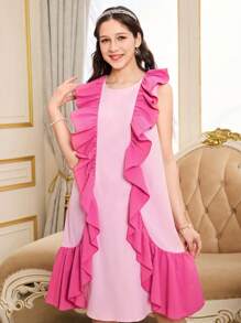 Teen Girl Sleeveless Round Neck Simple Stylish Summer Dress - Hot Pink - View 6