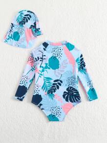 SHEIN Baby Girls' One-Piece Swimsuit With Random Print Pattern (Including Hat) - Multicolor - View 2
