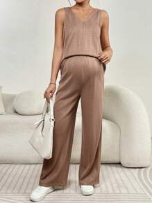 SHEIN 2 件套孕妇吊带背心和长裤，纯色简约时尚夏季 - 棕色 - 查看 4