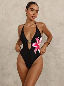 SHEIN Swim 1pc Women's Floral Print Backless Halter One-Piece Swimsuit, Vacation & Beach For Summer