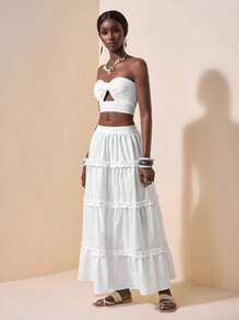 Slaydiva 新款春夏休闲度假性感优雅裹胸桃心领前镂空短款上衣+多层耳边拼接短裙长裙白色女两件套-B - 白色 - 查看 5