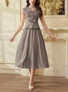 Vintamour Women's Retro Elegant 2 Pieces Suit Set, V-Neck Sleeveless Blouse, Bow Belt Decor, A-Line Skirt, Casual Office Wear Autumn Winter Clothes For Women Modest - Coffee Brown - View 7