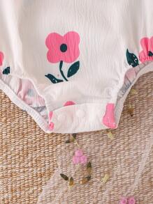 Baby Girl Sweet Cute Lightweight Mesh Ditsy Floral Patchwork Bow Bodysuit, Summer - Pink - View 4