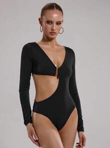 SHEIN BAE Women's Romantic Party Outfit, Black Long Sleeve Metal Decor Button Accent Sexy Backless Bodysuit - Black - View 5