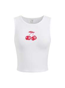 SHEIN Top corto sin mangas ajustado de estilo casual con estampado de cerezas para niña adolescente