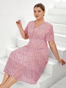 GENKIRA Plus Size Women's Polka Dot V-Neck Waist Cinched Midi Dress,Elegant & Formal Blush Pink Summer Tea Party,European & American Loose Hem All Over Print - Pink - View 2