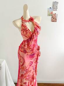 Soleia New Floral Print Halter Neck Ruffle Trim 3D Flower Tied Design Camisole Top - Pink - View 5