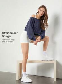 GLOWMODE Soft Skin-Friendly Washed Crop Off-Shoulder Ribbed Hem Cuffs Sweatshirt Daily Casual Wear
