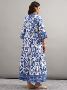 Freevana Plus Size Women's Blue And White Porcelain Print Dress Floral Print V Neck Trumpet Sleeve Maxi Dress, Vacation/Women's Dress/Women's Summer Clothing/Women's Vacation Clothing Women's Summer Clothing Elegant Vacation Clothing Women's/Bohemian Women's Clothing/Cress Long Vacation Dress, Maxi Dress Outdoor Daily Wear Essential Sundress Women's Vacation Clothing Women's Bohemian/Bohemian Dress