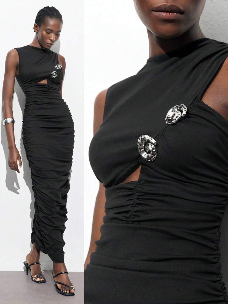 SHEIN Maija New Spring And Summer Black Pleated Waist Conch Button Decoration Urban Vacation Modern Elegant Romantic Ladies Long Dress Suitable For Going Out Holiday Party Music Festival Old Money Style