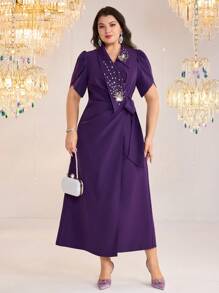 Modelyn Plus Size Women Rhinestone Decor Petal Short Sleeve Side Tie Waist Elegant Dress - Purple - View 4