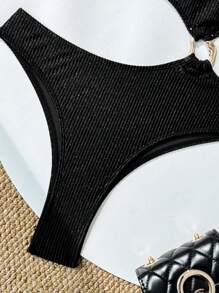 SHEIN Swim Solid Color Ribbed Fabric One-Shoulder Hollow-Out Decoration One-Piece Swimsuit For Summer Beach Vacation - Black - View 6