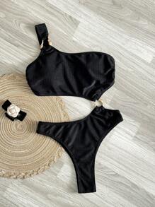 SHEIN Swim Solid Color Ribbed Fabric One-Shoulder Hollow-Out Decoration One-Piece Swimsuit For Summer Beach Vacation - Black - View 1