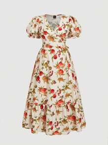 SHEIN MOD Plus Size Fruit Print Elegant Romantic Wrap Style Casual Vacation Dress. Tea Party Dresses.Dresses Summer - Multicolor - View 1