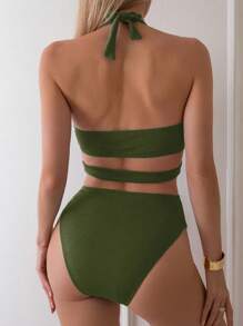 SHEIN Swim 1 件女士纯色时尚连体泳衣，适合夏季的连体泳衣 - 軍綠色 - 查看 2