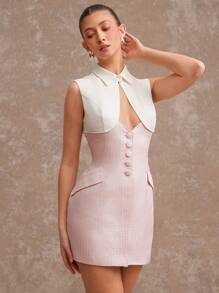 L'Amorae Colorblock Tweed Cut Out Button Elegant Business Casual Mini Dress, Summer Work Office Outfits For Women