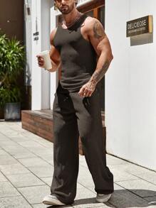 Manfinity RelaxMax 2pcs Men's Minimalist Solid Color Sleeveless Tank Top And Pants Set, Summer - Dark Grey - View 9