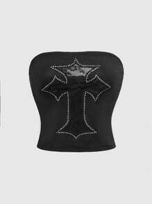 ROMWE Women's Sexy Gothic Lace Hollow Cross Embroidered Rhinestone Decor Camisole - Black - View 1