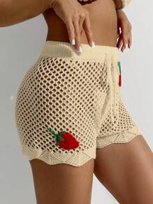 SHEIN Swim Abito copricostume estivo da donna in maglia e con shorts, decorato con ciliegie e con lavorazione traforata