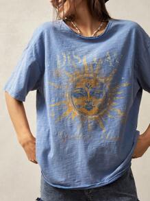 Bohemela Boho-Western-Stil Unifarben gestricktes Muster Rundhals kurzärmelig luftige Damen T-Shirt, Frühling/Sommer