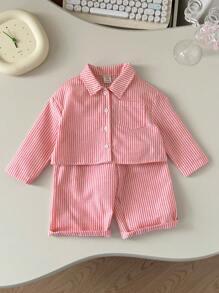 SHEIN 3 pièces/set Chemise rayée mignonne pour bébé fille, pantalon à taille élastique et camisole, printemps/été - Rouge et Blanc - Voir 4