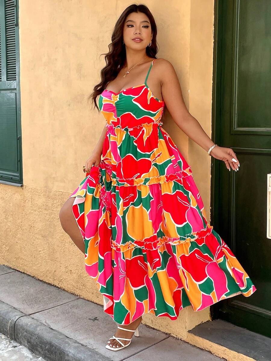 Breezaya 大码热带度假夏季花卉拼布荷叶边下摆收腰细肩带长裙 - 彩色 - 查看 1