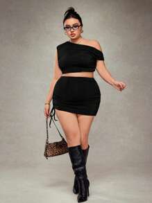 SHEIN ICON Plus Size Black Asymmetrical Hem Pleated Drawstring Waist Net Mesh Skirt - Black - View 3