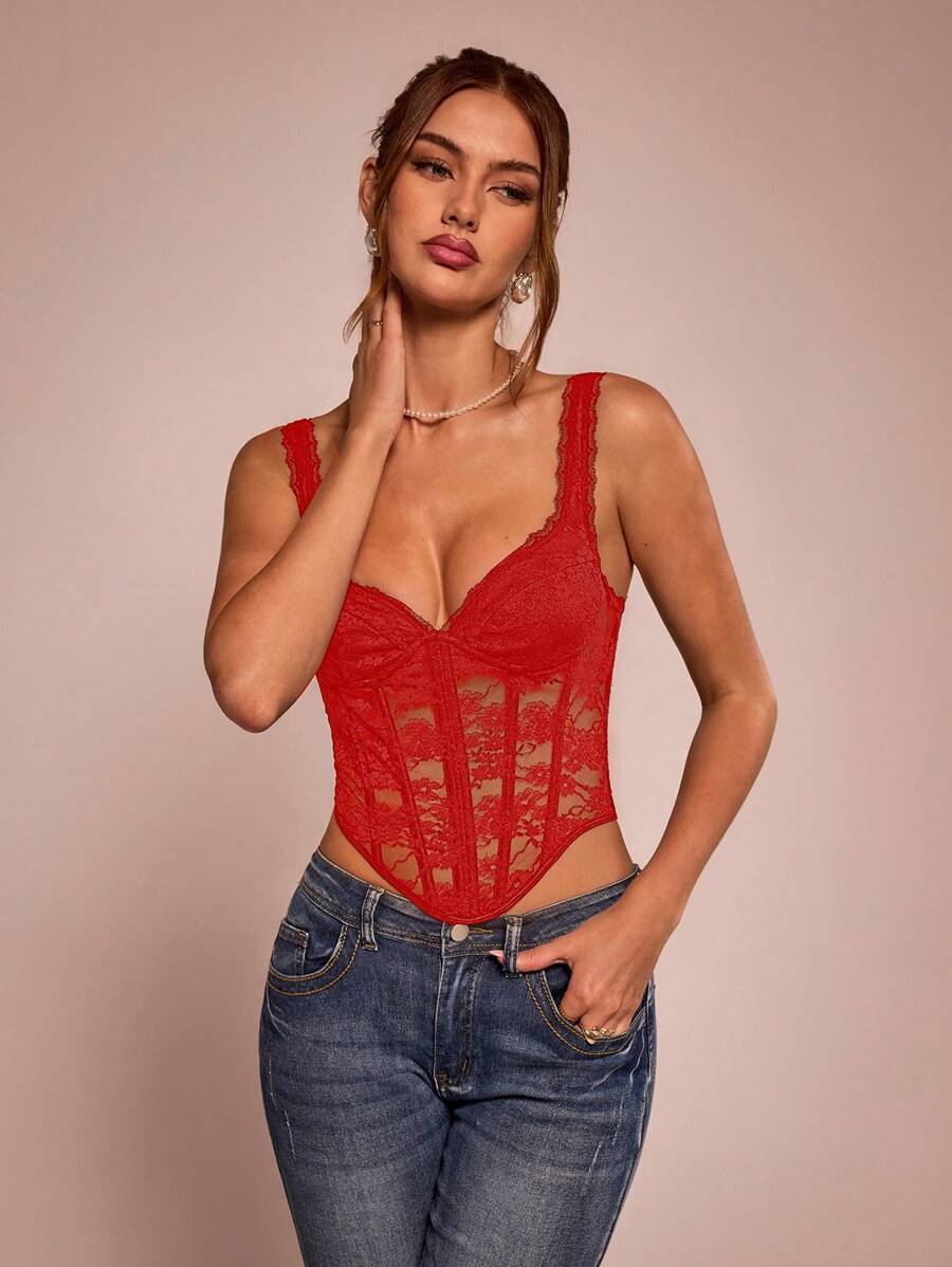 SHEIN BAE 花式蕾丝拼布紧身胸衣接缝和不对称下摆吊带背心