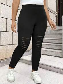 Calvaya Plus Size Fashion Elegant Slimming Sexy Mesh Distressed Leggings, Hot Taper Pants - Black - View 6