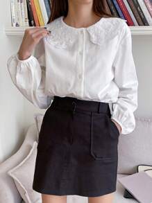 DAZY Lantern Sleeve Eyelet Embroidered Statement Collar Blouse,Long Sleeve Tops,Fall Clothes Preppy Tops - White - View 5