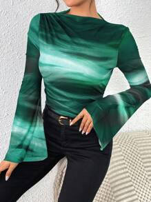 Chiquease Women's Autumn/Winter American Vintage Tie-Dye Mesh Printed Form-Fitting Pleated Decor Long Sleeve Base Shirt T-Shirt For Spring - Green - View 5