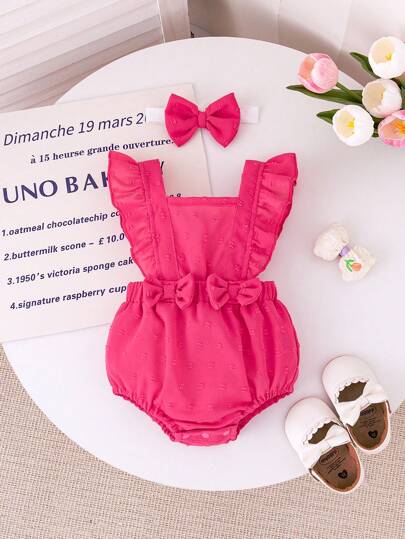 SHEIN Bộ đồ liền thân cổ vuông trang trí nơ cho bé sơ sinh
