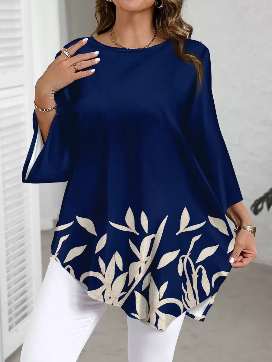 EMERY ROSE Plus Size Casual Minimalist Navy Blue All-Over Print Shirt, Spring/Autumn And Winter Chic Blouses For Women - Multicolor - View 1