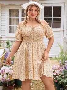 SHEIN VCAY Plus Size Off-Shoulder Short Sleeve Mini Ditsy Floral Dress Summer Wedding Guest Dress Women Dresses For Women Elegant Birthday Dresses For Women Sundress Backless Dress Floral Off The Shoulder Vacation Outfits Woman Beach Spring Boho Rave Outfits Cottagecore Brunch Outfits For Women Fairycore Old Money Tropical Vacation Woman Clothes Tropical Casual Elegant - Multicolor - View 3
