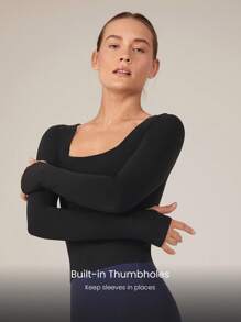 GLOWMODE FeatherFit™ Maglietta a maniche lunghe scollo tondo senza impatto con taschine estraibili, pratica per lo yoga e l'uso quotidiano