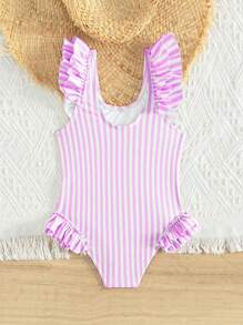 SHEIN Young Girls Swimsuit, Striped Pattern, Flounce Trim, One-Piece - Multicolor - View 2