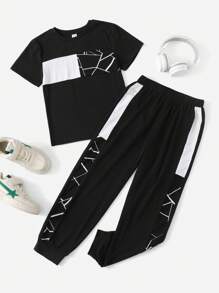 SHEIN Tween Boy Colorblock & Geo Print Tee & Sweatpants Set