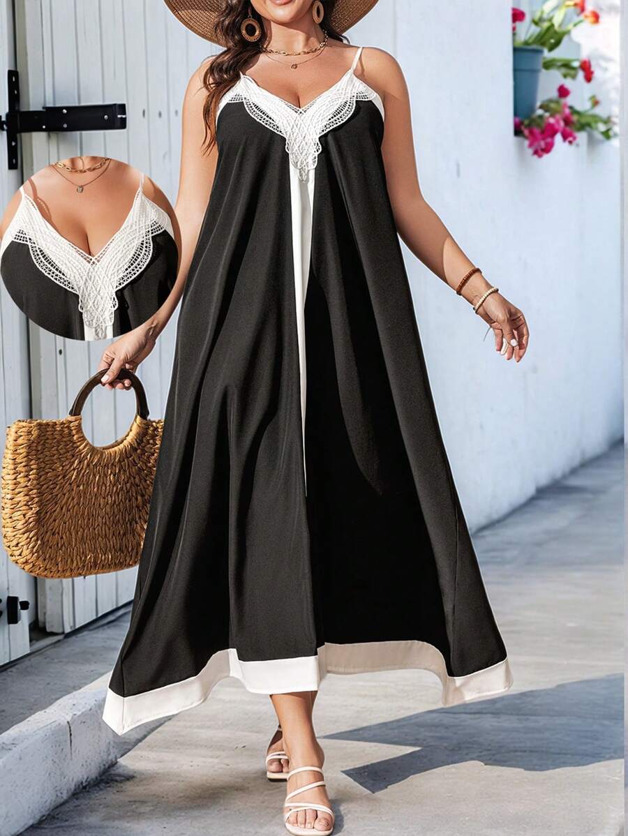 SHEIN Clasi 大码女式 V 领细肩带黑白蕾丝拼接 A 字形连衣裙，适合复活节、音乐节和夏季的修身款式 - 黑色 - 查看 1