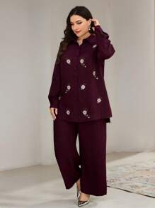 Veilorie 2pcs Plus Size Floral Embroidery Shirt & Pants Set - Burgundy - View 6