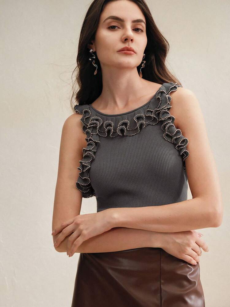 Blusa sin mangas elegante para vacaciones con volantes en el bajo, cadena metálica pesada y cuentas, para mujer. Estilizante, adecuada para el Día de San Valentín, playa de verano, salir, vacaciones