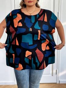 SHEIN CURVE+ Camisa casual de manga murciélago con estampado geométrico para mujer de talla grande