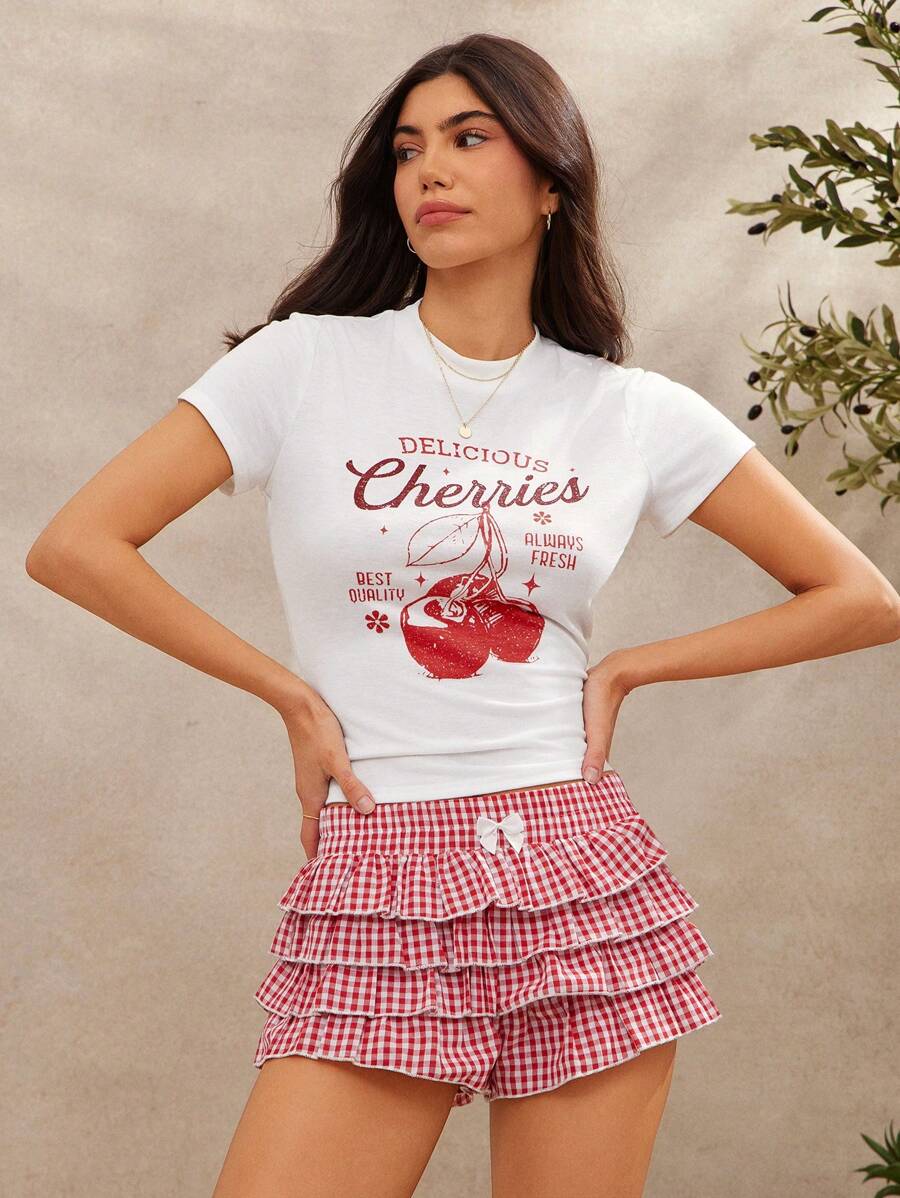 WESTFADE 夏季美味樱桃图案印花可爱圆领修身短款婴儿 T 恤西部纳什维尔春假休闲海滩度假