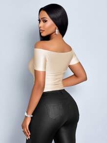 SOLERSUN 女士纯色露肩短袖修身褶皱 T 恤