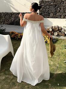 Breezaya Vestido holgado de primavera/verano de unicolor con hombros descubiertos y abertura, talla grande