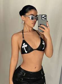 SHEIN ICON 夏季女士俱乐部女士性感音乐会女士深色涂层金属十字架银箔印花金属链带三角杯吊带背心，狂欢上衣 - 黑色 - 查看 3